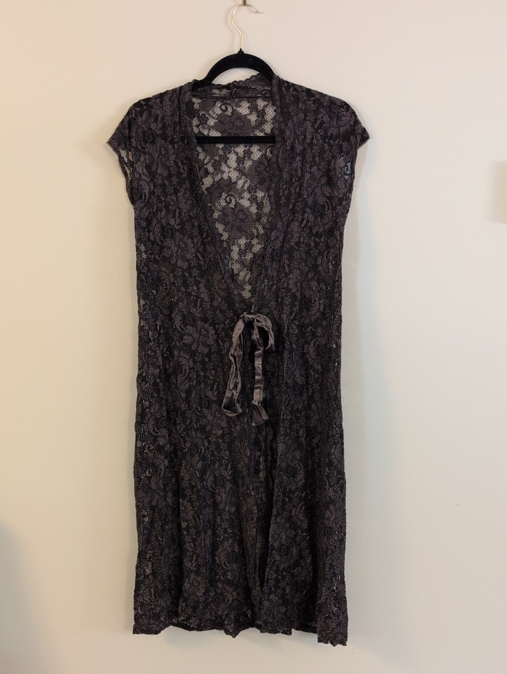 Sheer Lace Tie-Front Robe in Charcoal Gray
